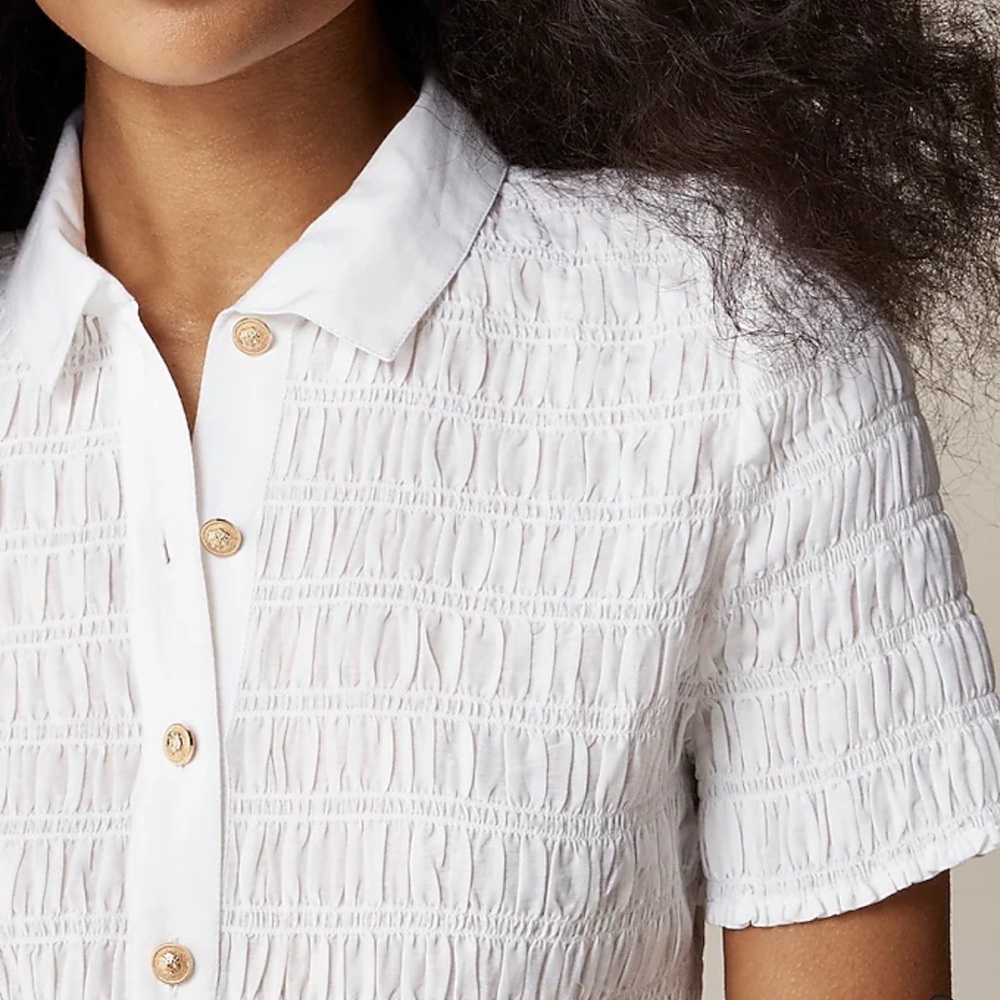 J. Crew Smocked Button-Up Shirt in White Cotton Voile - Picture 2 of 4